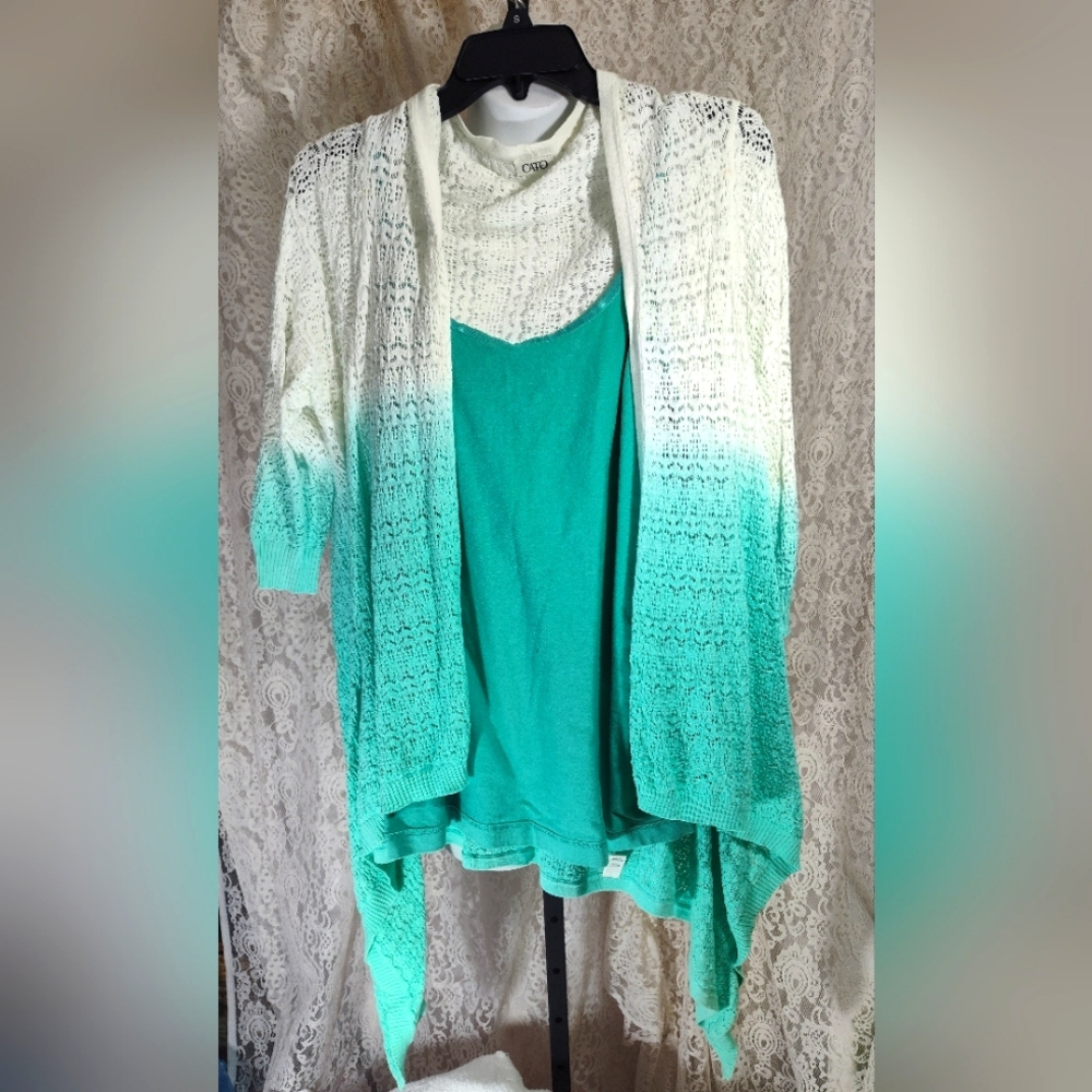 Ombre Caribbean Green and White Women's Sweater Shrug Kimono Camisole Set, NWOT
